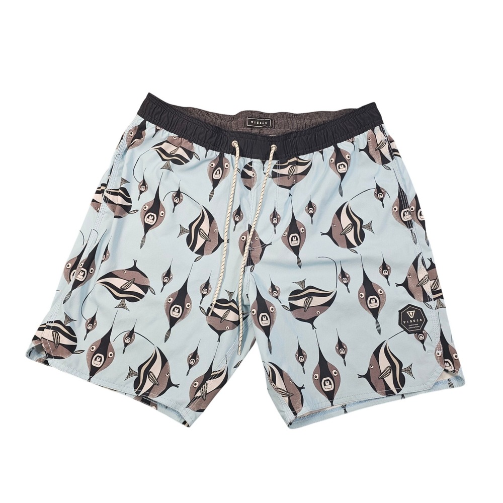 Vissla Mens Fish Print Board Shorts Blue Elastic Waist Swim Trunks Size L 33-34